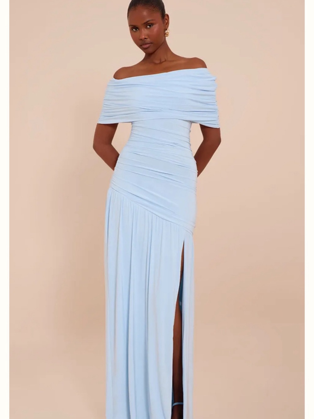 BLUE DOUBLE LAYER SLINKY BARDOT ONE SHOULDER RUCHED MAXI DRESS